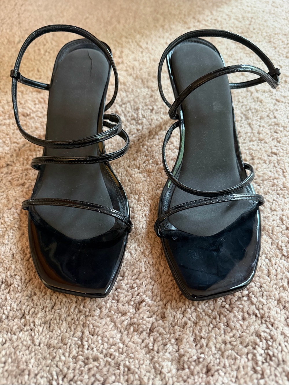 Calvin Klein Black Patent Strappy Square-Toe Heels
